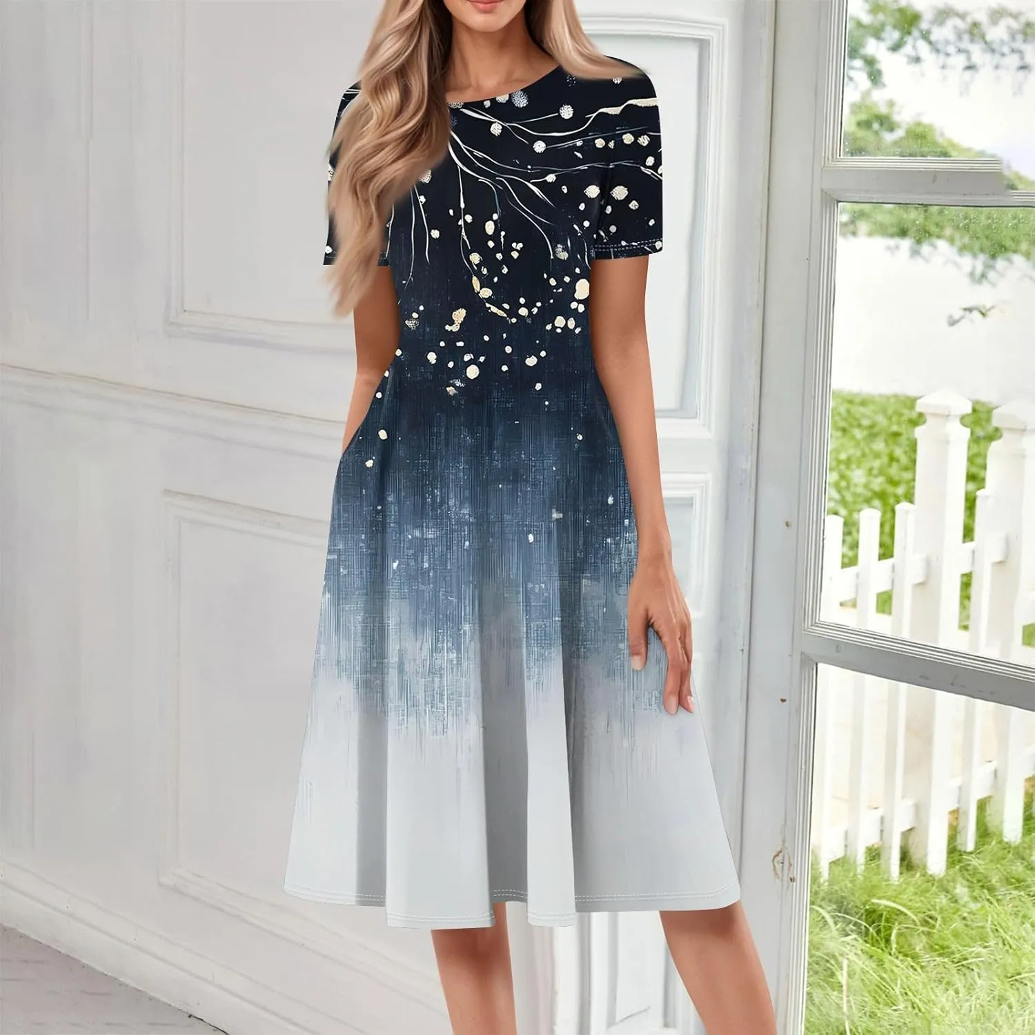 ADHOWBEW Dresses for Women 2025 Casual Hawaiian Trendy Short Sleeve Tropical Print Sexy Beach Dresses