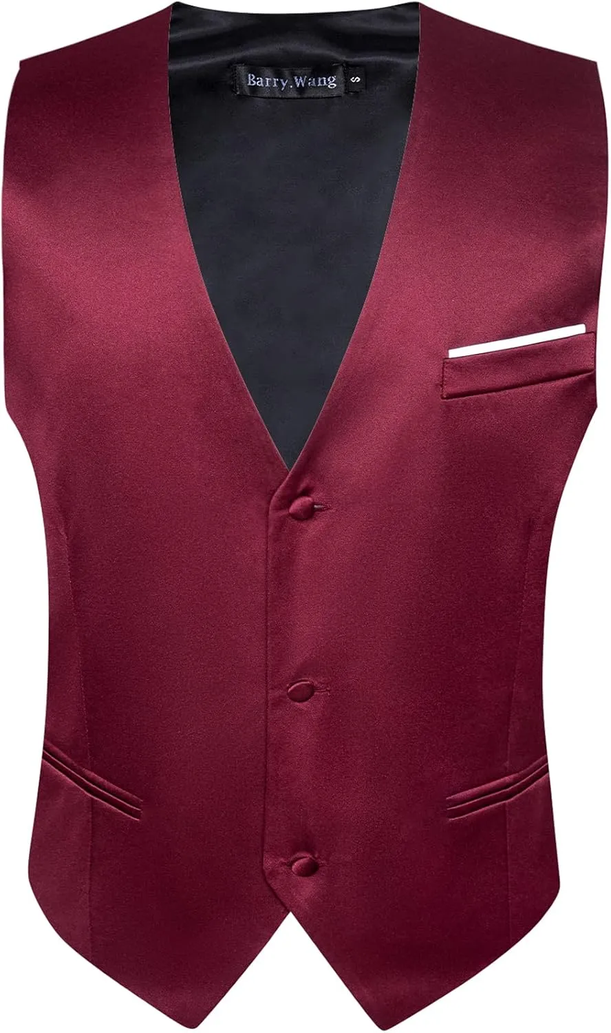 Barry.Wang Mens Satin Suit Vest Formal/Leisure V-neck 2 Pockets Wedding Party Tuxedo Waistcoat