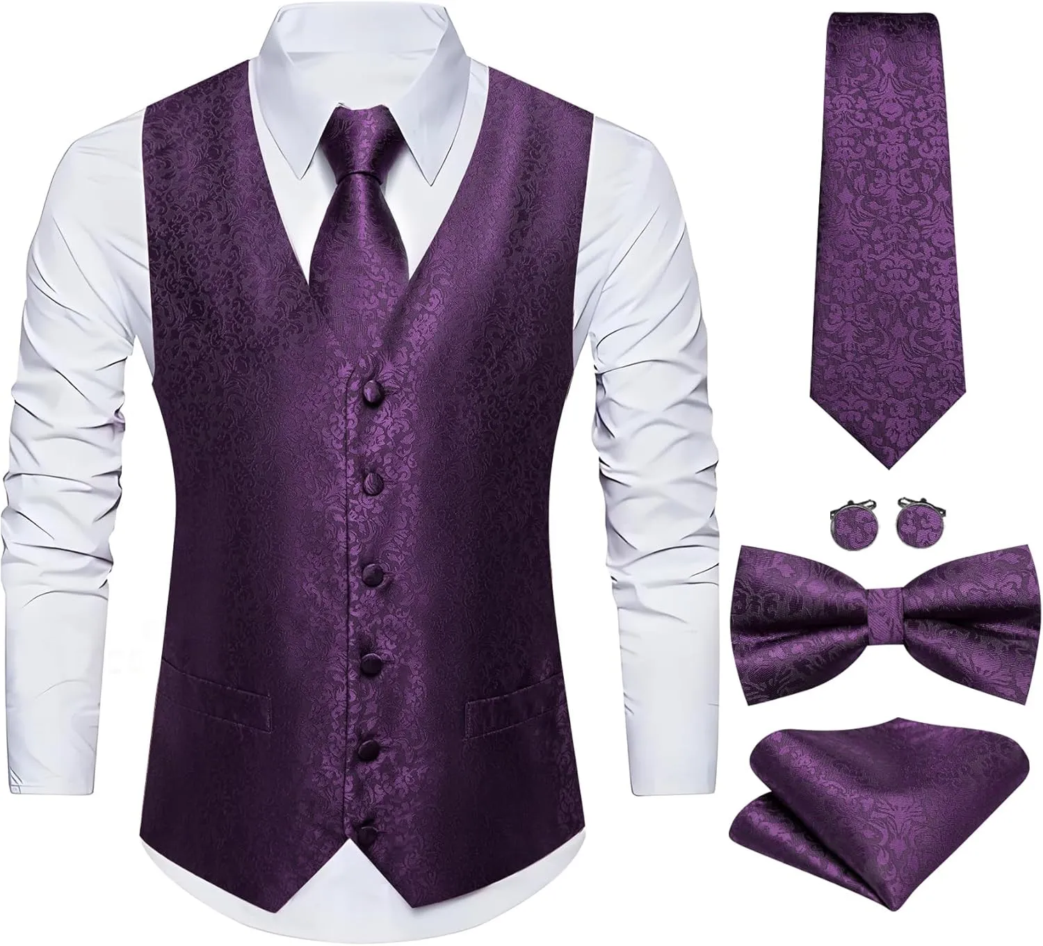 Barry.Wang Men's Suit Vest Tie and Bow Tie Set Formal Solid Paisley Handkerchief Cufflink Woven Wedding Party Waistcoat