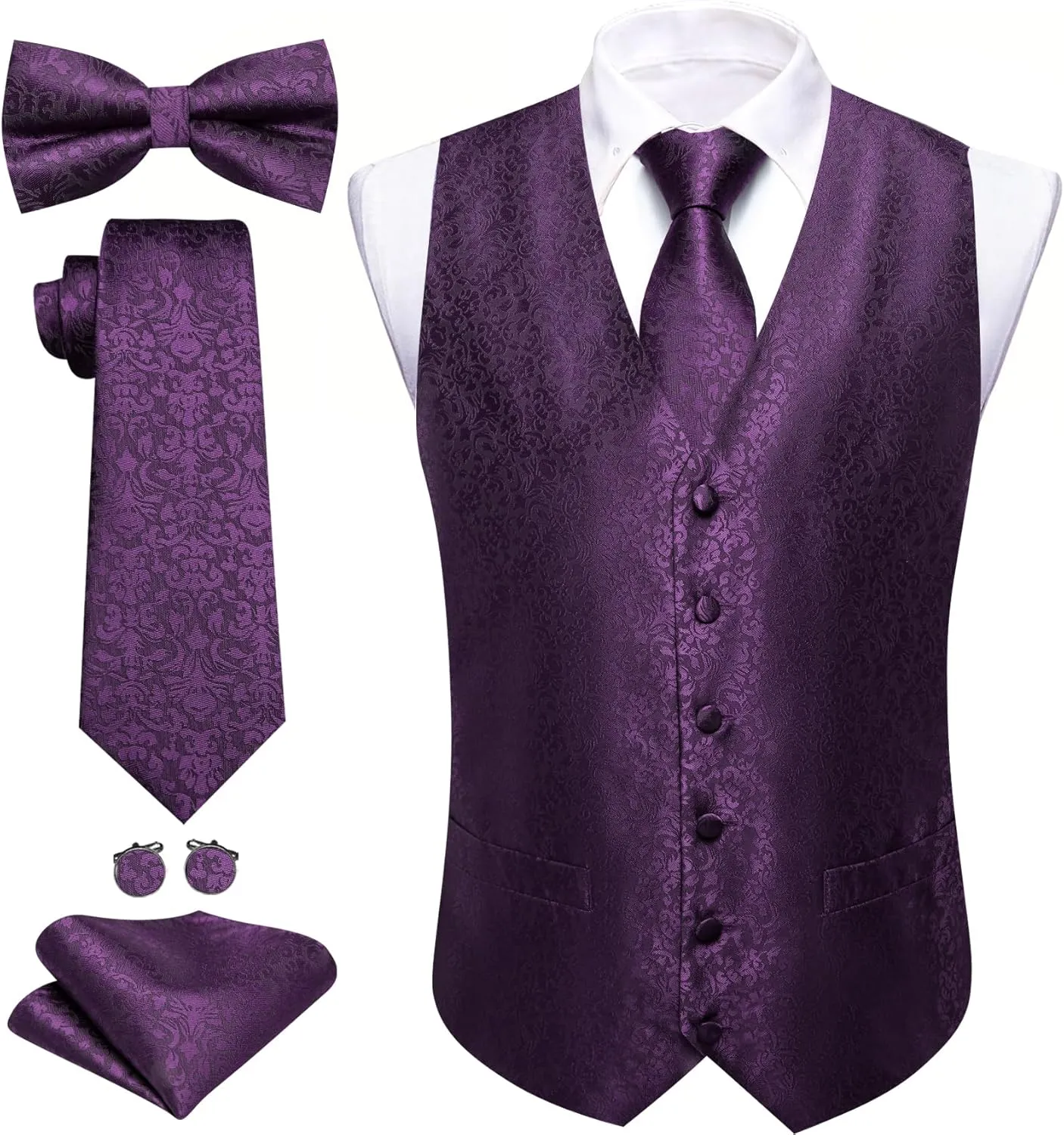 Barry.Wang Men's Suit Vest Tie and Bow Tie Set Formal Solid Paisley Handkerchief Cufflink Woven Wedding Party Waistcoat