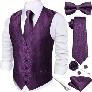 Barry.Wang Men's Suit Vest Tie and Bow Tie Set Formal Solid Paisley Handkerchief Cufflink Woven Wedding Party Waistcoat