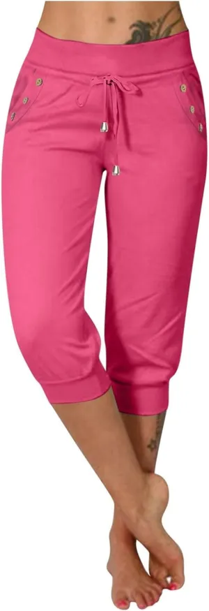 Capri Pants for Women High Waisted Drawstring Joggers Stretch Lightweight Casual Hiking Pant Capri with Pockets