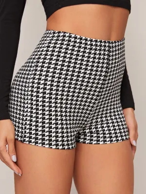 Casual Houndstooth High Waist Women Shorts