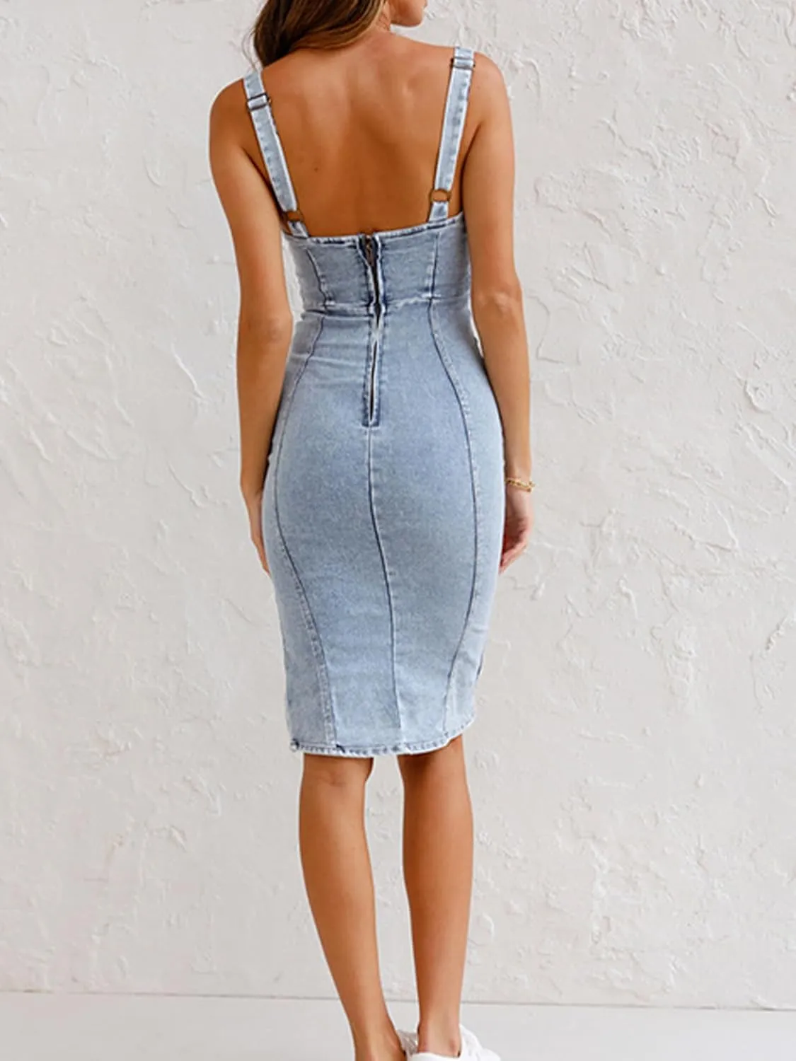 Conshvi Women's Sleeveless Bodycon Denim Tank Dress Scoop Neck Zip Up Side Slit Stretchy Wrap Club Party Jean Midi Dresses