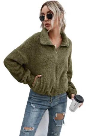 Drawstring Hem Zip Up Teddy Jacket