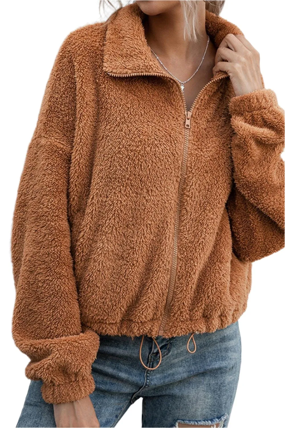 Drawstring Hem Zip Up Teddy Jacket