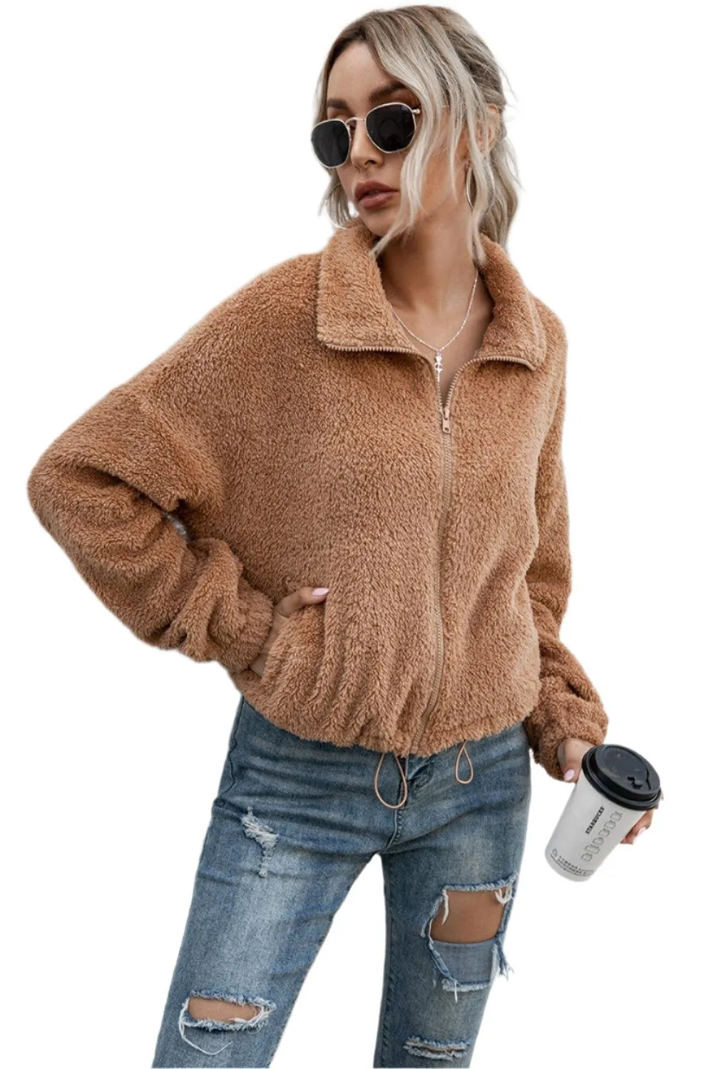 Drawstring Hem Zip Up Teddy Jacket