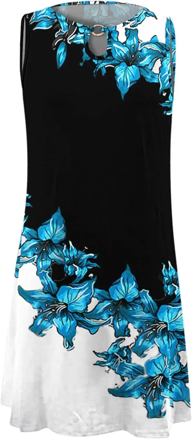 Eduavar Summer Dresses for Women 2024, Mini Dresses for Women Summer Beach Tank Dress Floral Print Hollow Out V Neck Dress