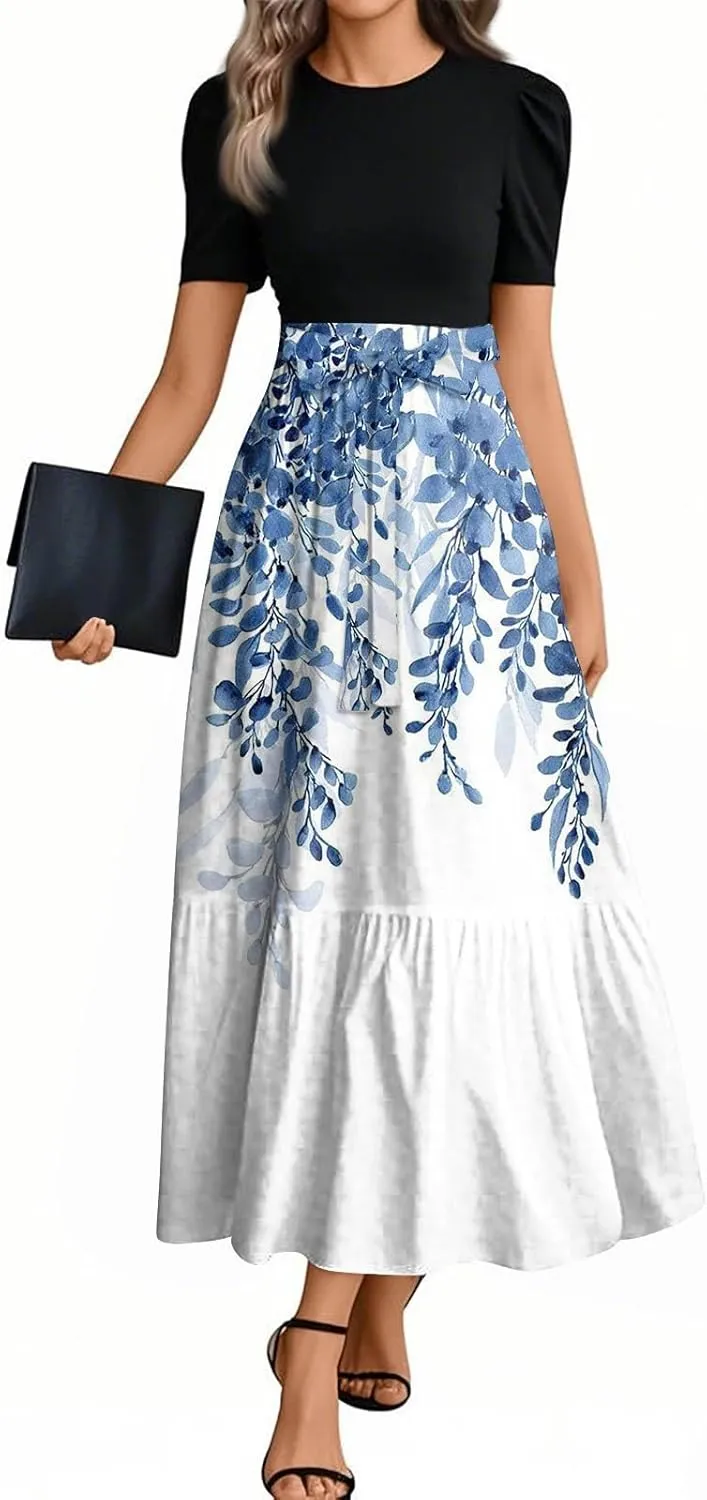 Floral Long Dresses for Women Summer Elegant Tie Patchwork Dress Empire Waist Short Sleeve Modest Flowy Maxi Dress