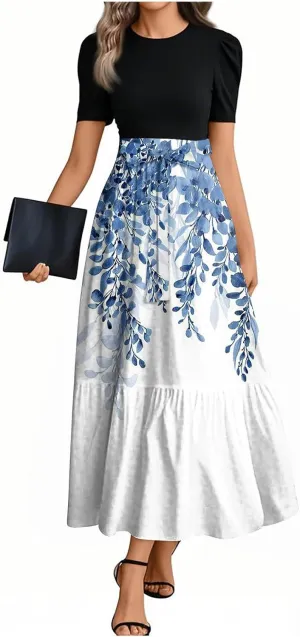 Floral Long Dresses for Women Summer Elegant Tie Patchwork Dress Empire Waist Short Sleeve Modest Flowy Maxi Dress