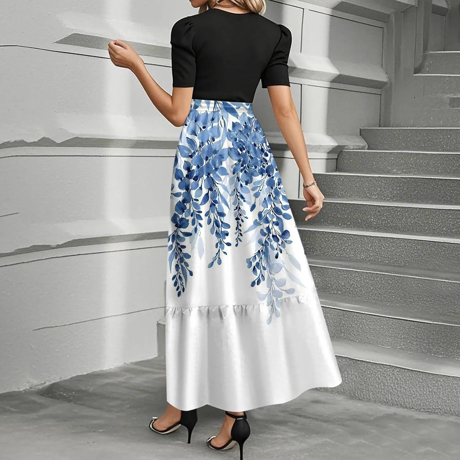 Floral Long Dresses for Women Summer Elegant Tie Patchwork Dress Empire Waist Short Sleeve Modest Flowy Maxi Dress