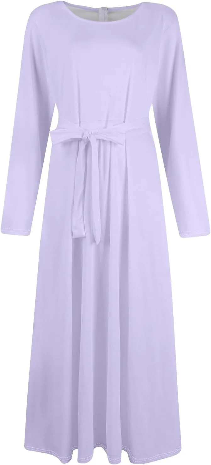 FQZWONG Plus Size Dresses for Curvy Women 2025 Spring Fashion Long Sleeve Maxi Dress Elegant Crewneck Beach Dress with Belt