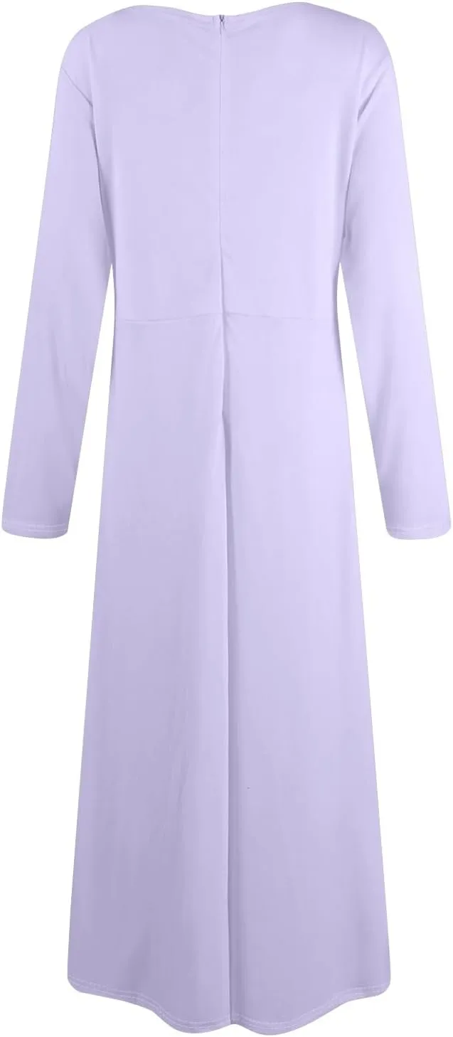 FQZWONG Plus Size Dresses for Curvy Women 2025 Spring Fashion Long Sleeve Maxi Dress Elegant Crewneck Beach Dress with Belt