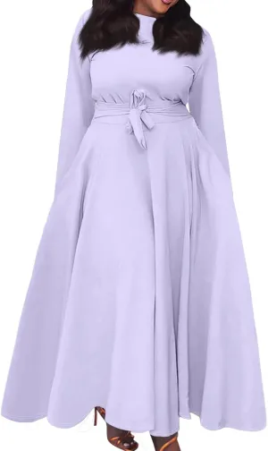 FQZWONG Plus Size Dresses for Curvy Women 2025 Spring Fashion Long Sleeve Maxi Dress Elegant Crewneck Beach Dress with Belt