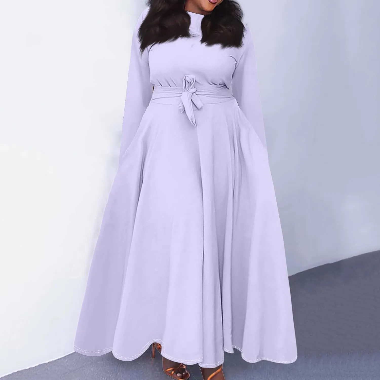 FQZWONG Plus Size Dresses for Curvy Women 2025 Spring Fashion Long Sleeve Maxi Dress Elegant Crewneck Beach Dress with Belt