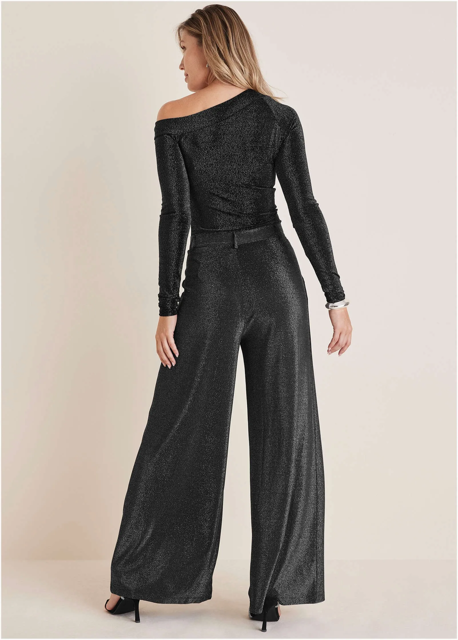 Glitter Knit One Shoulder Top - Jet Black Glitter Knit