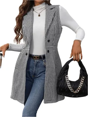 GORGLITTER Women's Houndstooth Button Waistcoat Vest Lapel Neck Sleeveless Lightweight Jacket