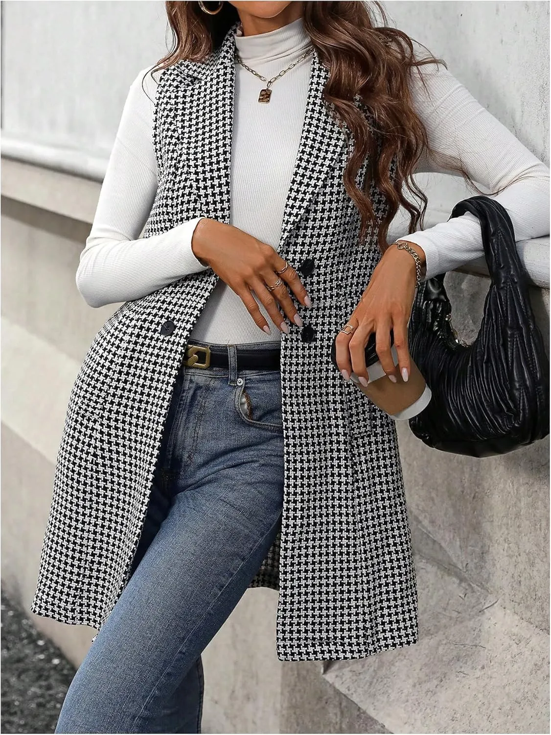GORGLITTER Women's Houndstooth Button Waistcoat Vest Lapel Neck Sleeveless Lightweight Jacket
