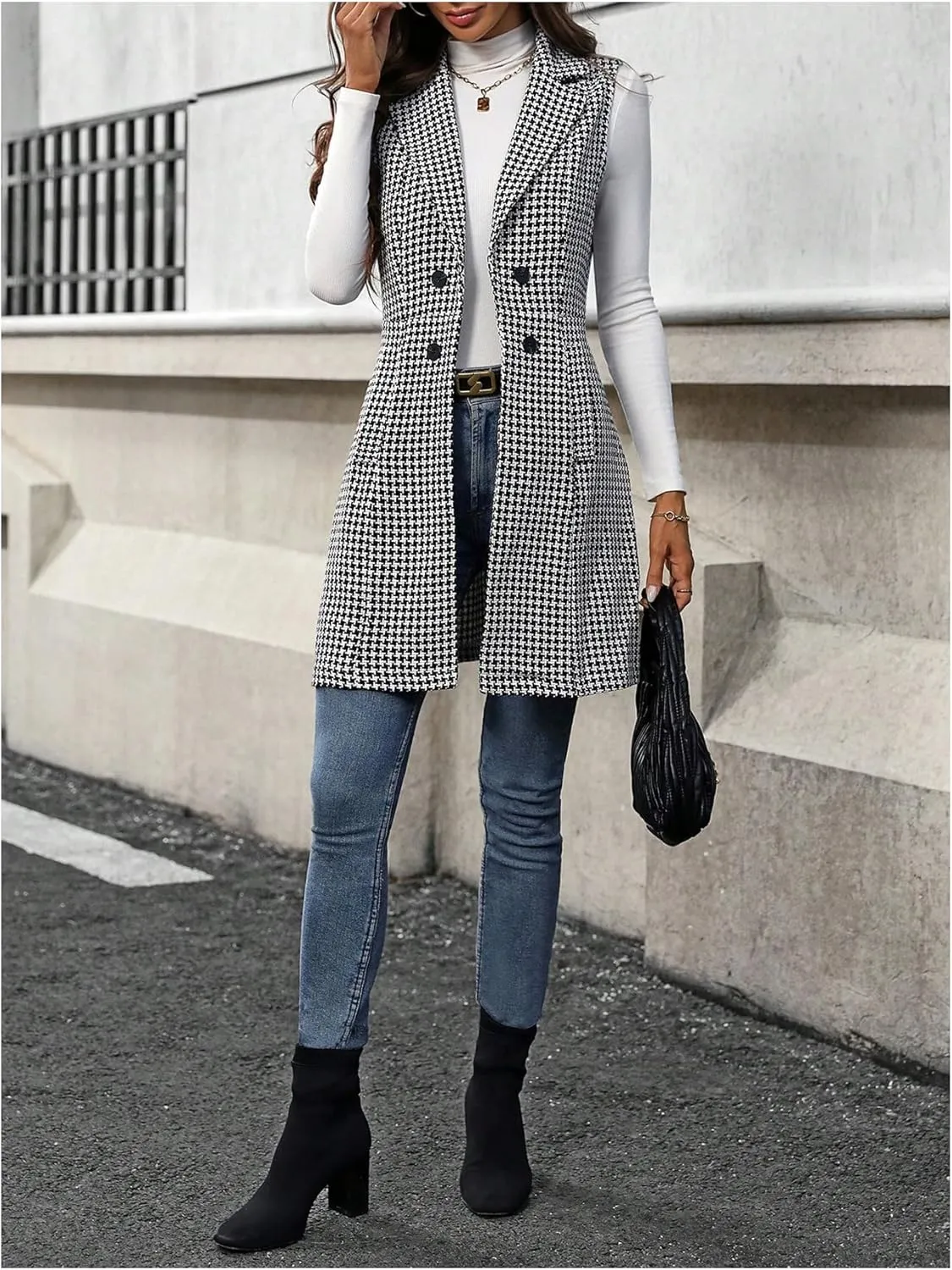 GORGLITTER Women's Houndstooth Button Waistcoat Vest Lapel Neck Sleeveless Lightweight Jacket