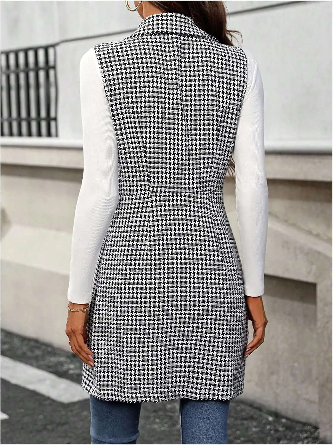 GORGLITTER Women's Houndstooth Button Waistcoat Vest Lapel Neck Sleeveless Lightweight Jacket