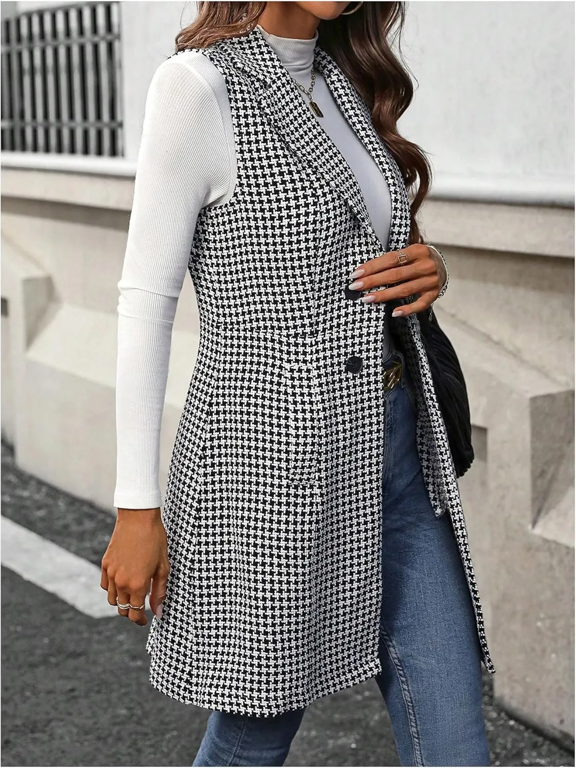 GORGLITTER Women's Houndstooth Button Waistcoat Vest Lapel Neck Sleeveless Lightweight Jacket