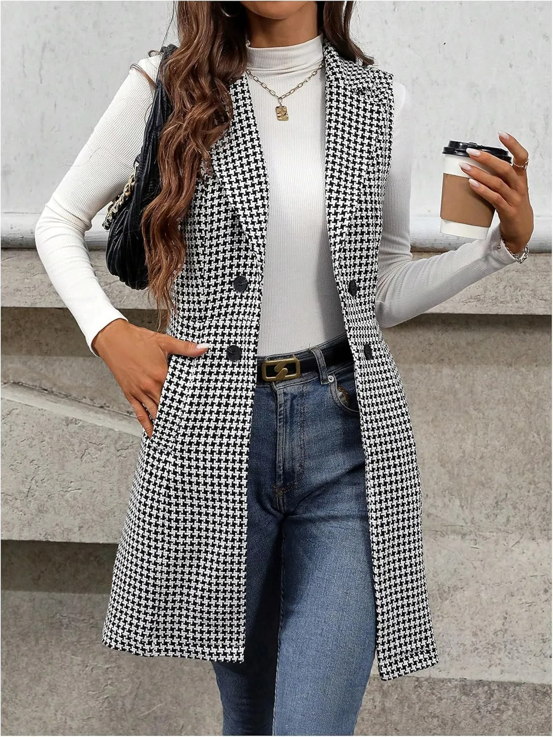 GORGLITTER Women's Houndstooth Button Waistcoat Vest Lapel Neck Sleeveless Lightweight Jacket
