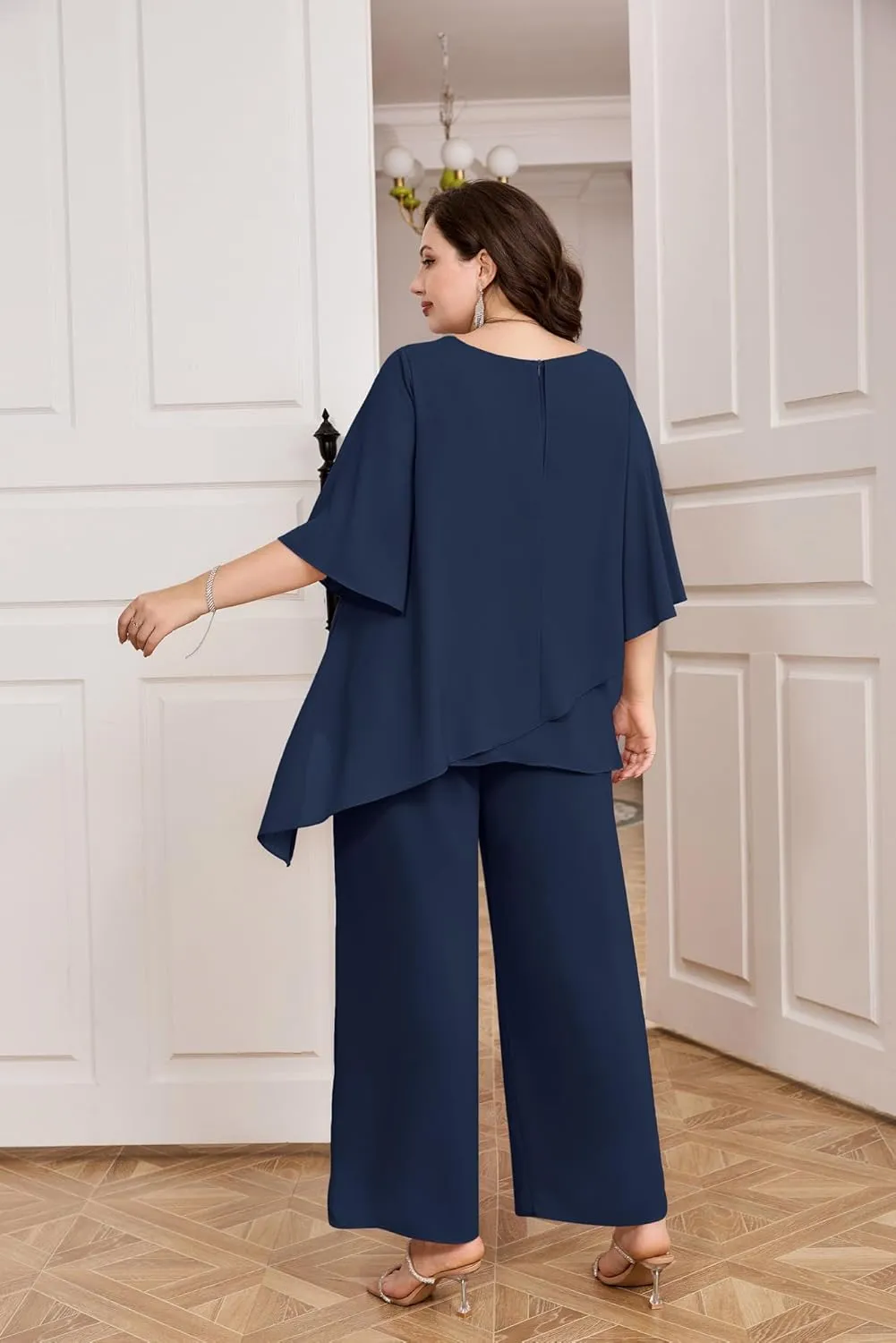 Hanna Nikole Plus Size Mother of Bride Pant Suits 2 Piece Chiffon Sets Ruffle Layers Wedding Guest Outfit