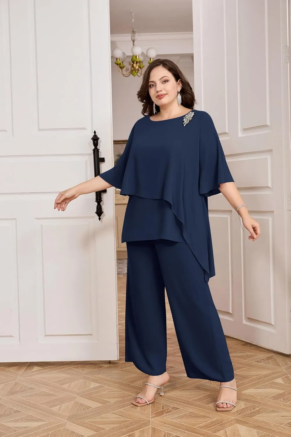 Hanna Nikole Plus Size Mother of Bride Pant Suits 2 Piece Chiffon Sets Ruffle Layers Wedding Guest Outfit