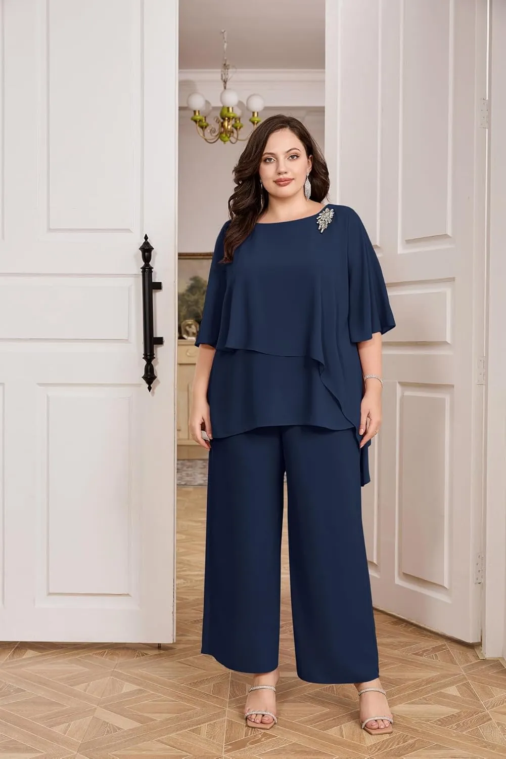 Hanna Nikole Plus Size Mother of Bride Pant Suits 2 Piece Chiffon Sets Ruffle Layers Wedding Guest Outfit