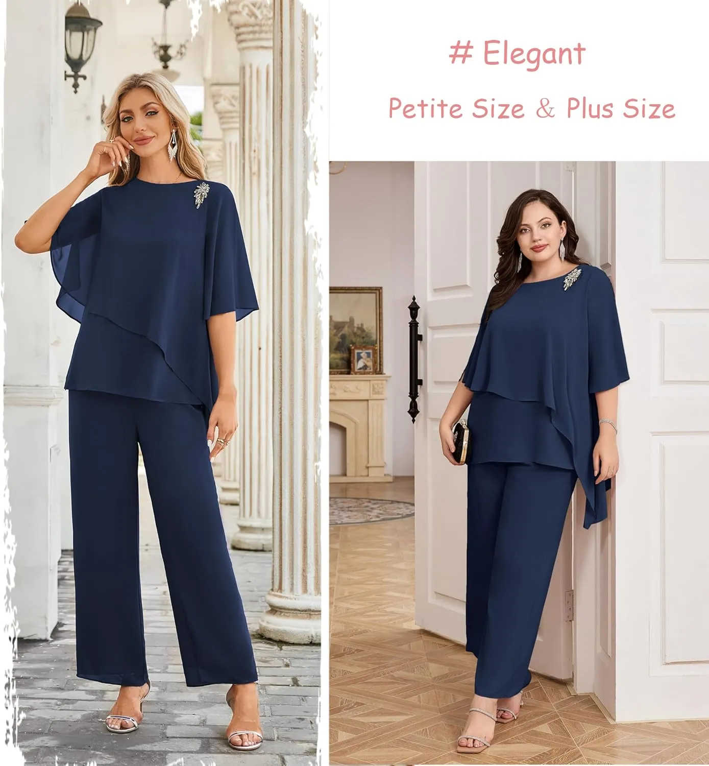 Hanna Nikole Plus Size Mother of Bride Pant Suits 2 Piece Chiffon Sets Ruffle Layers Wedding Guest Outfit