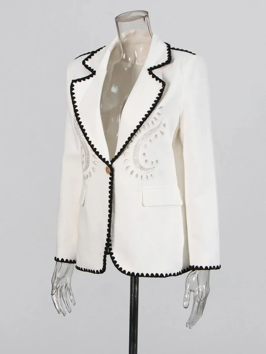 Hit Color Spliced Embroidery Loose Blazers For Women Lapel Long Sleeve Temperament Patchwork Poctets Coats Female