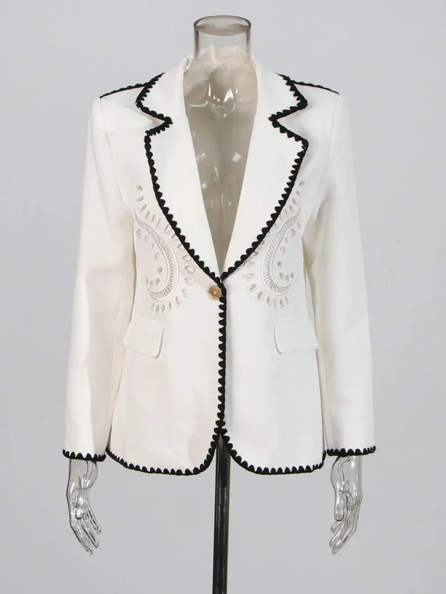 Hit Color Spliced Embroidery Loose Blazers For Women Lapel Long Sleeve Temperament Patchwork Poctets Coats Female