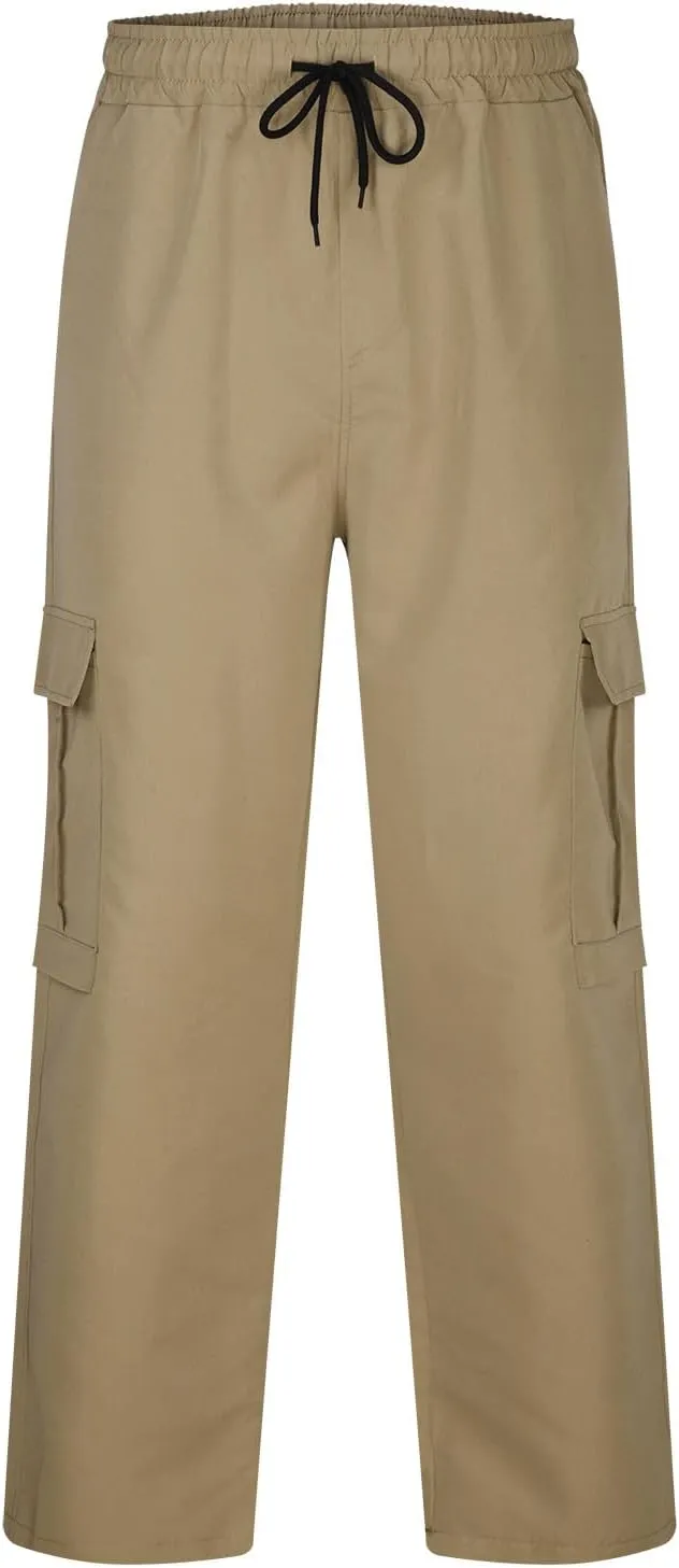 hlysgo Men's Cargo Pants High Waisted Drawstring Wide Leg Straight Pants Casual Loose Fit Cotton Hiking Pants with Pockets