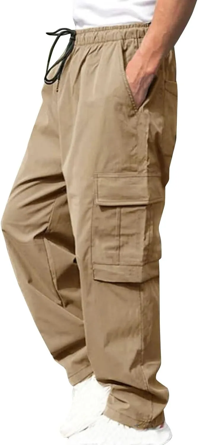 hlysgo Men's Cargo Pants High Waisted Drawstring Wide Leg Straight Pants Casual Loose Fit Cotton Hiking Pants with Pockets