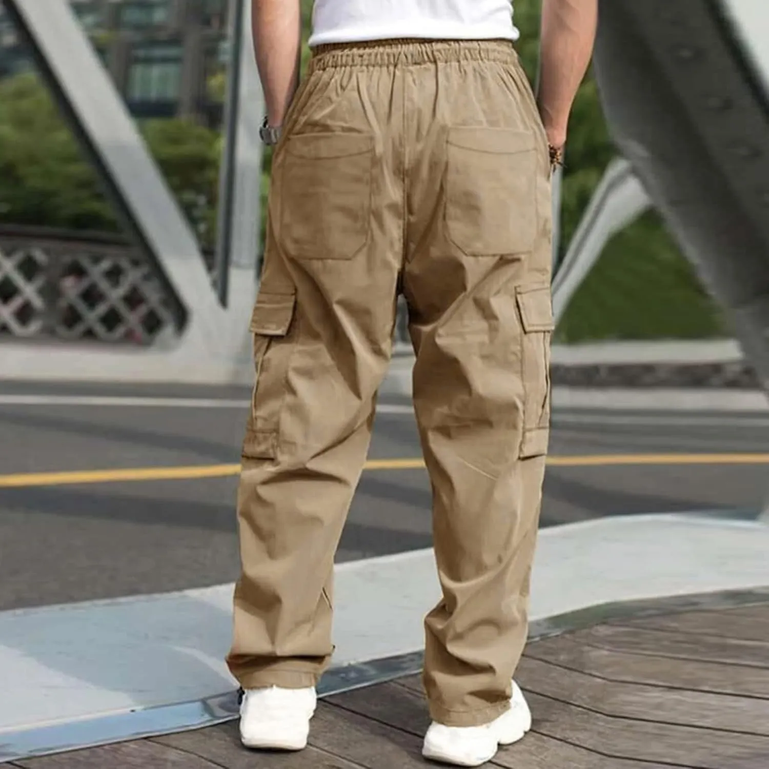 hlysgo Men's Cargo Pants High Waisted Drawstring Wide Leg Straight Pants Casual Loose Fit Cotton Hiking Pants with Pockets