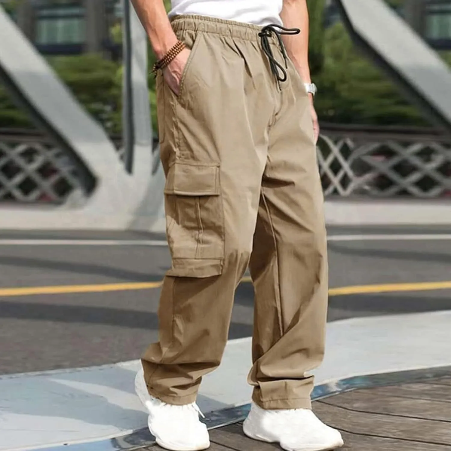 hlysgo Men's Cargo Pants High Waisted Drawstring Wide Leg Straight Pants Casual Loose Fit Cotton Hiking Pants with Pockets