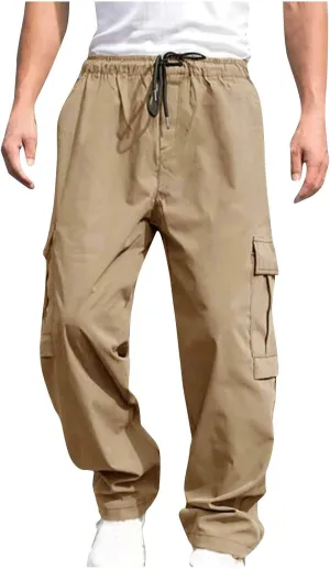 hlysgo Men's Cargo Pants High Waisted Drawstring Wide Leg Straight Pants Casual Loose Fit Cotton Hiking Pants with Pockets