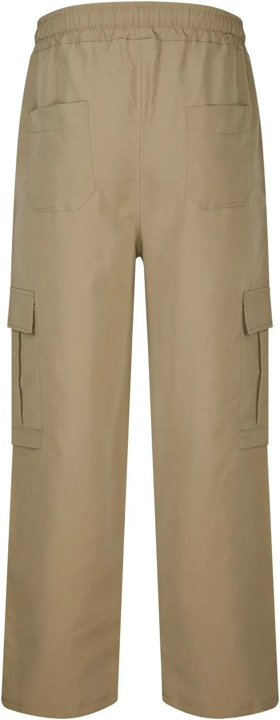 hlysgo Men's Cargo Pants High Waisted Drawstring Wide Leg Straight Pants Casual Loose Fit Cotton Hiking Pants with Pockets