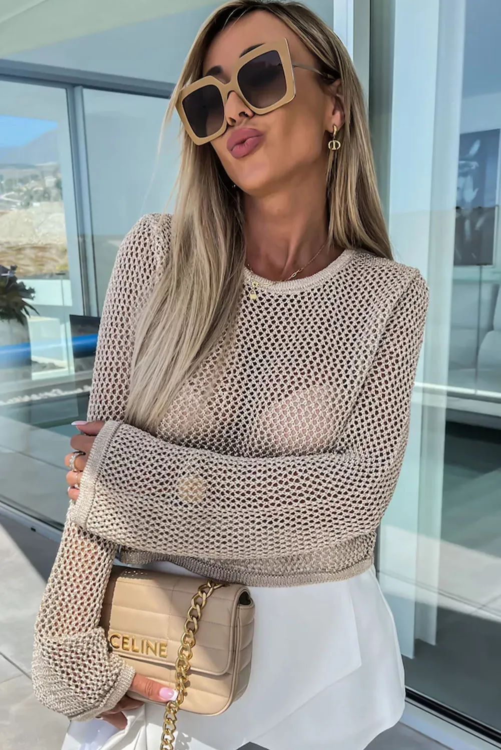 Hollow-out Knit Long Sleeve Top