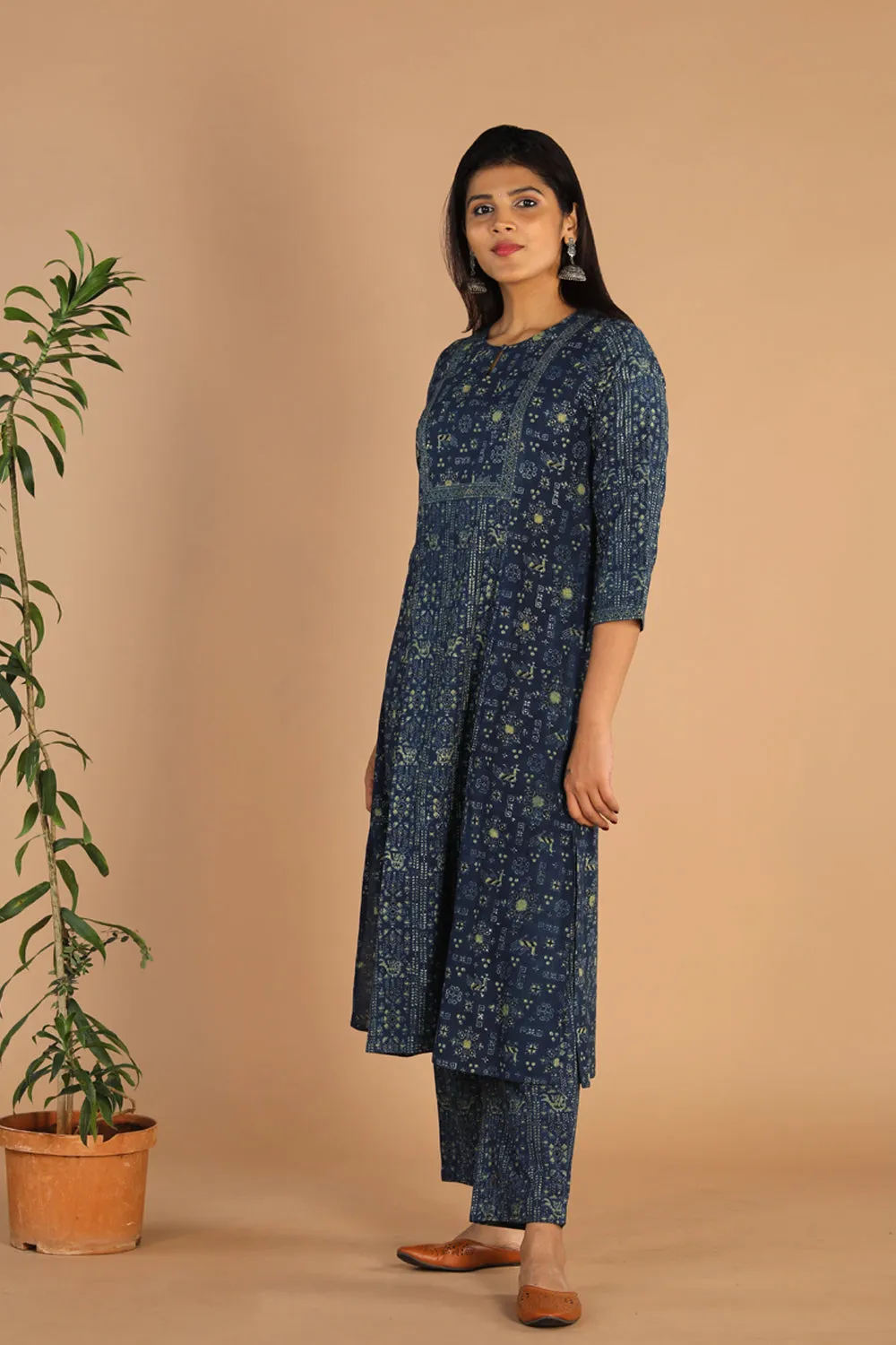 Indigo Ajrak handblock printed cotton kurta , pants set