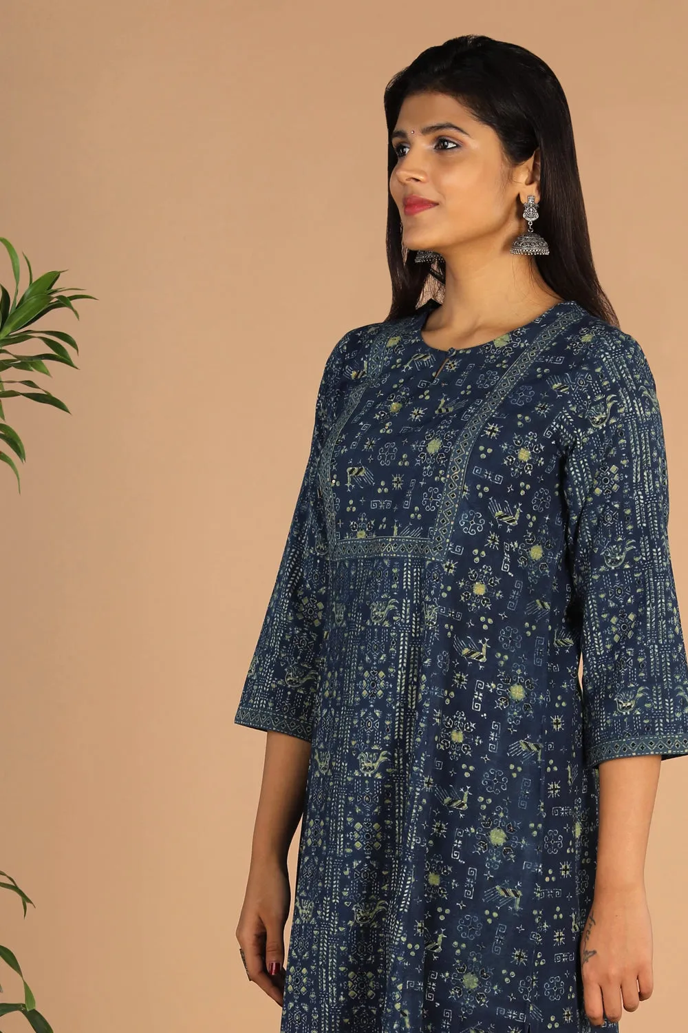 Indigo Ajrak handblock printed cotton kurta , pants set