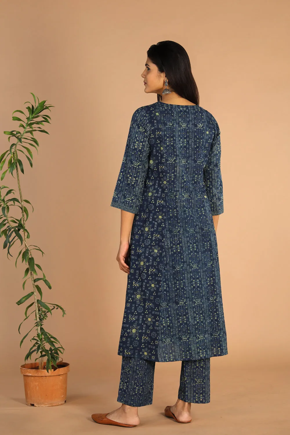 Indigo Ajrak handblock printed cotton kurta , pants set