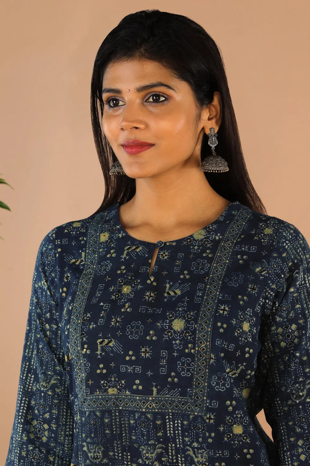 Indigo Ajrak handblock printed cotton kurta , pants set