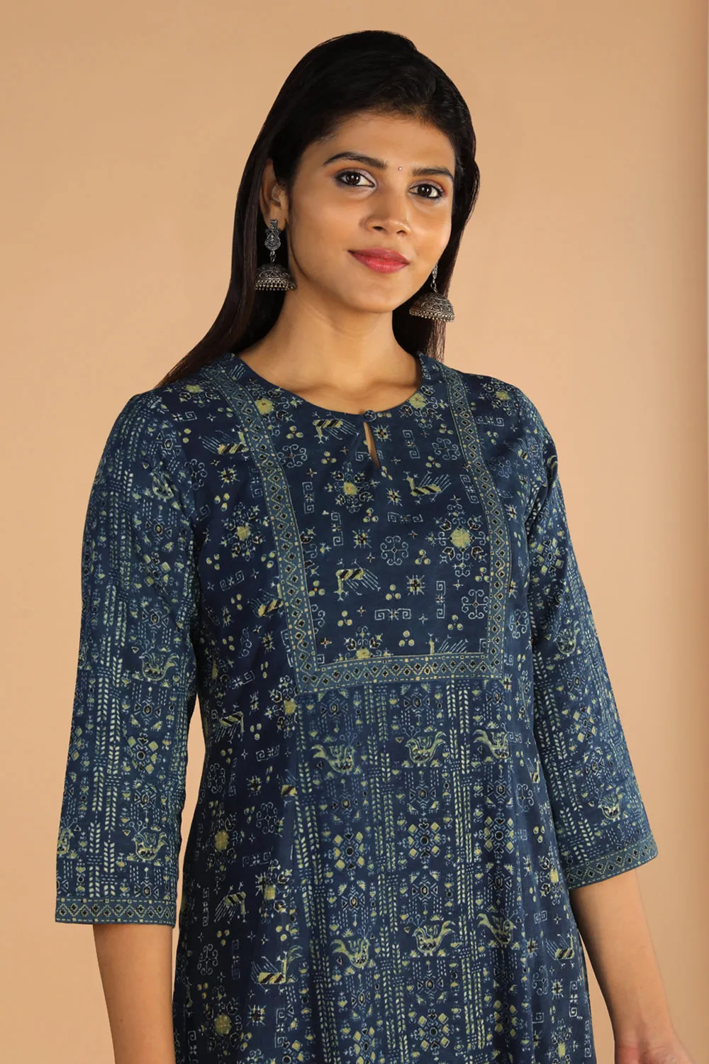 Indigo Ajrak handblock printed cotton kurta , pants set