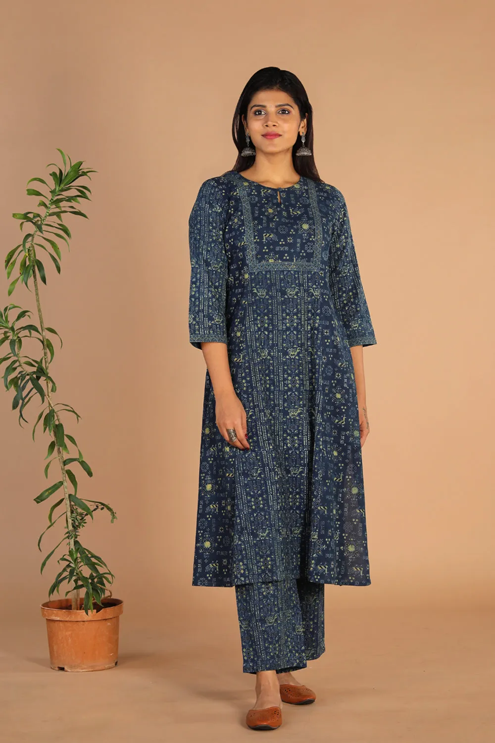Indigo Ajrak handblock printed cotton kurta , pants set