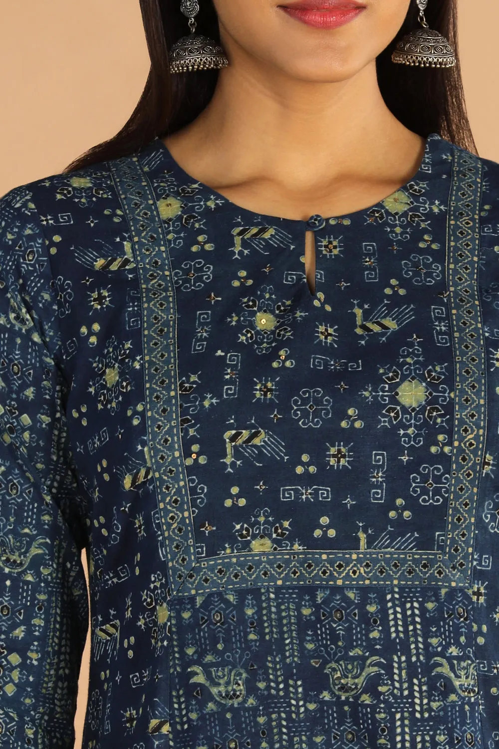 Indigo Ajrak handblock printed cotton kurta , pants set