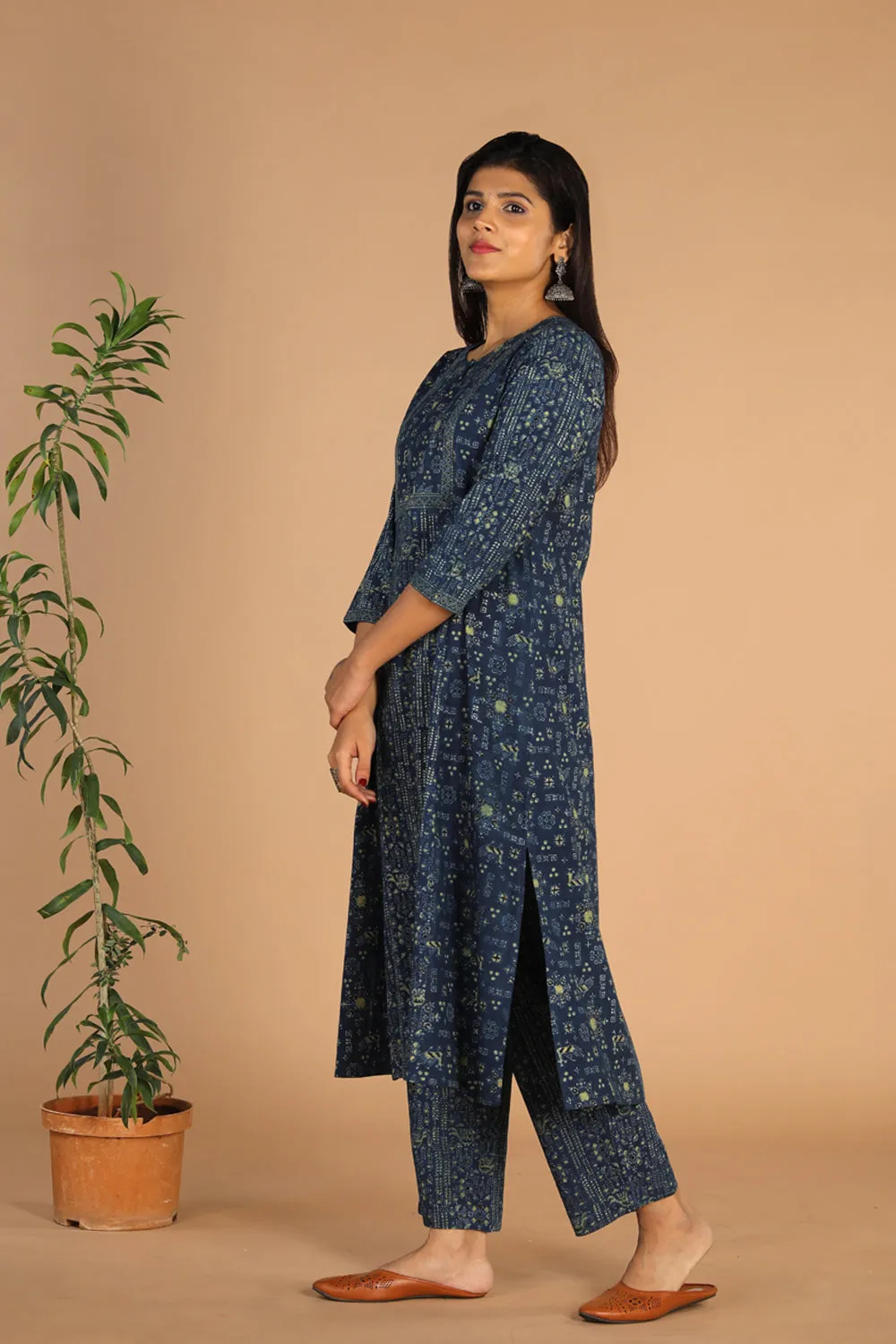 Indigo Ajrak handblock printed cotton kurta , pants set