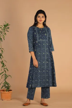 Indigo Ajrak handblock printed cotton kurta , pants set