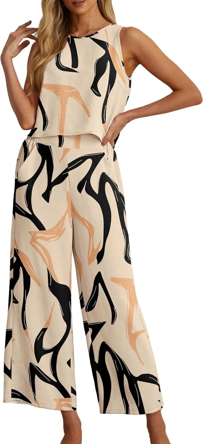 IWOLLENCE Women's Summer 2 Piece Outfits Set Round neck Sleeveless Tank Crop Top Wide Leg pants Set Pockets Jumpsuits