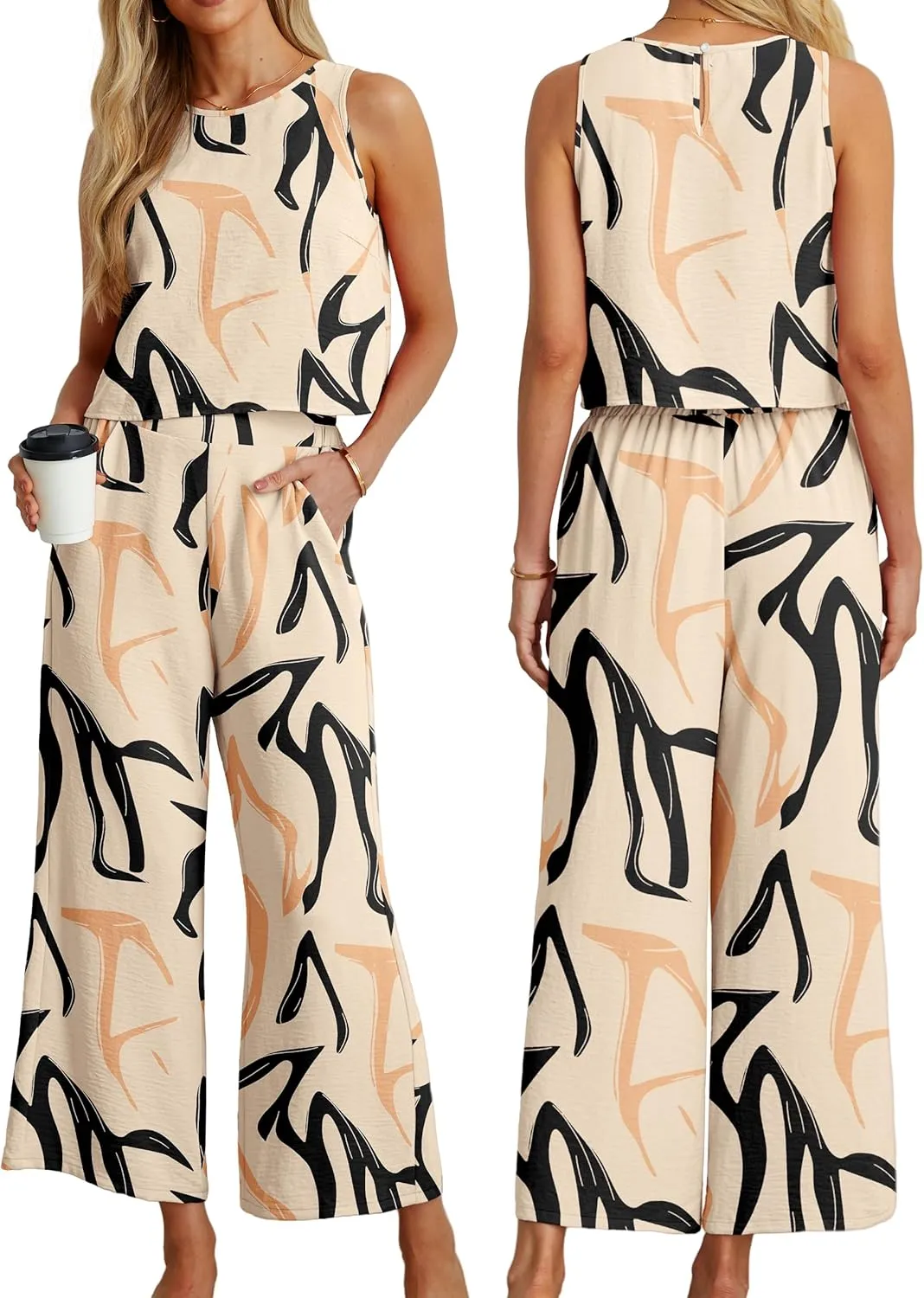 IWOLLENCE Women's Summer 2 Piece Outfits Set Round neck Sleeveless Tank Crop Top Wide Leg pants Set Pockets Jumpsuits